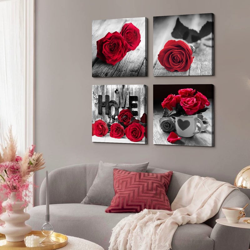 YOOOAHU Rustic Rose Floral Canvas Wall Art Red Flower Pictures for Living Room Home Decorations Girls Bedroom Over Bed Wall Decor Retro Bouquet Paintings Posters Romantic Artwork 16x16â€ 4P Valentines Gifts - Image 4